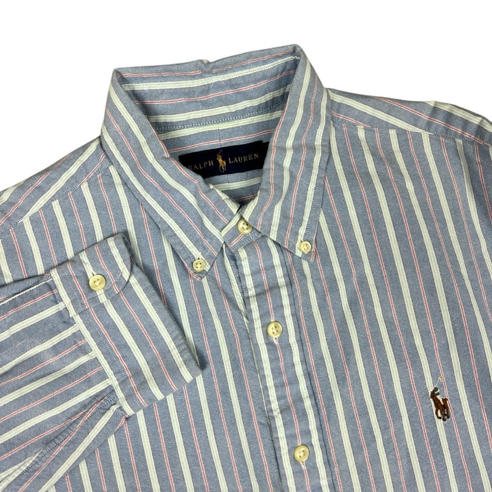Ralph Lauren Button Down Shirt‎ Mens Large Blue Striped Long Sleeve 100% Cotton